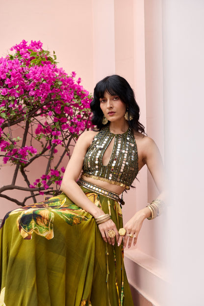 MATCHA GREEN FLORAL TASSELED LEHENGA SET