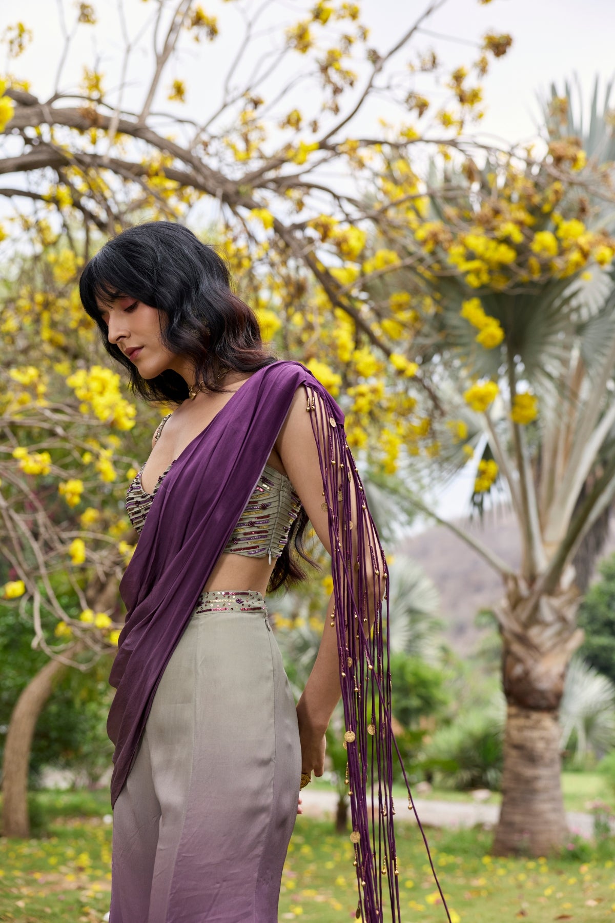 PURPLE-GREY OMBRE TASSELED DRAPE SAREE SET