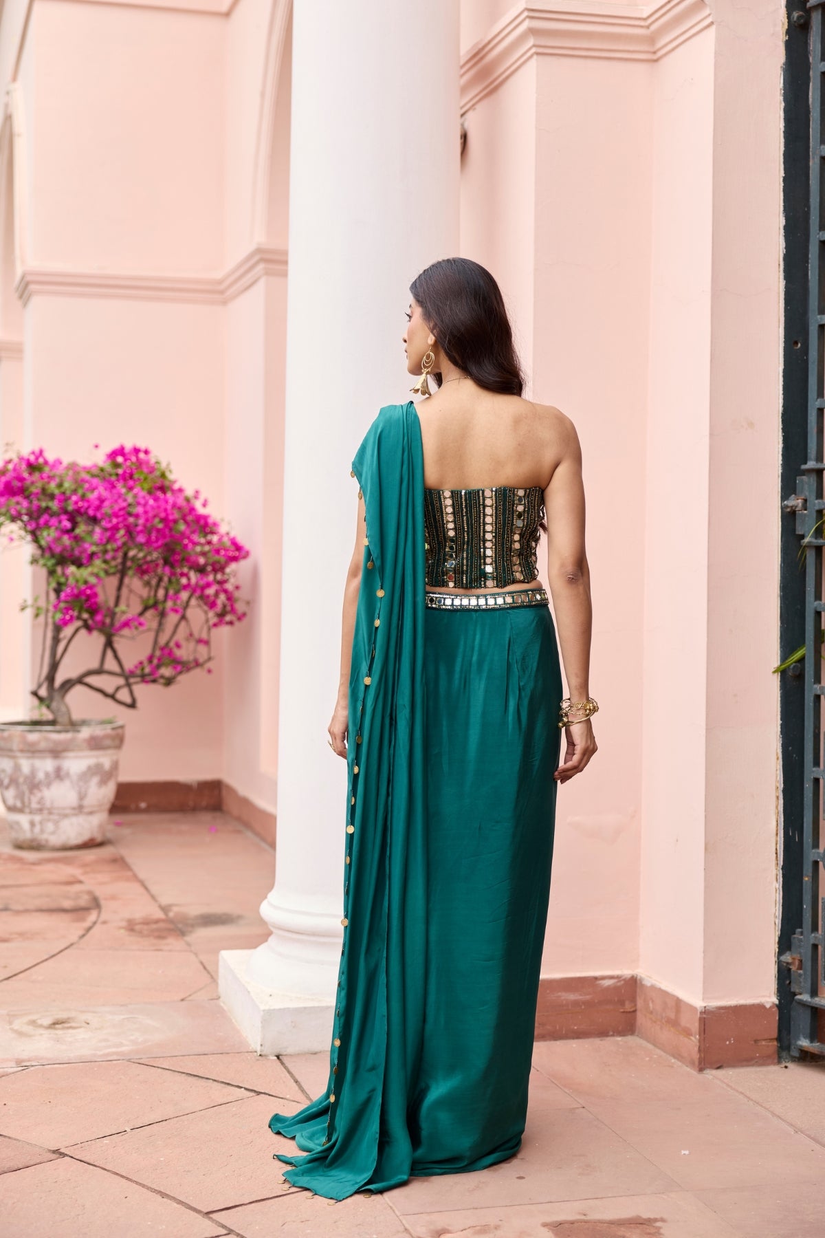 BOTTTLE GREEN EMBROIDERED CORSET SAREE SET