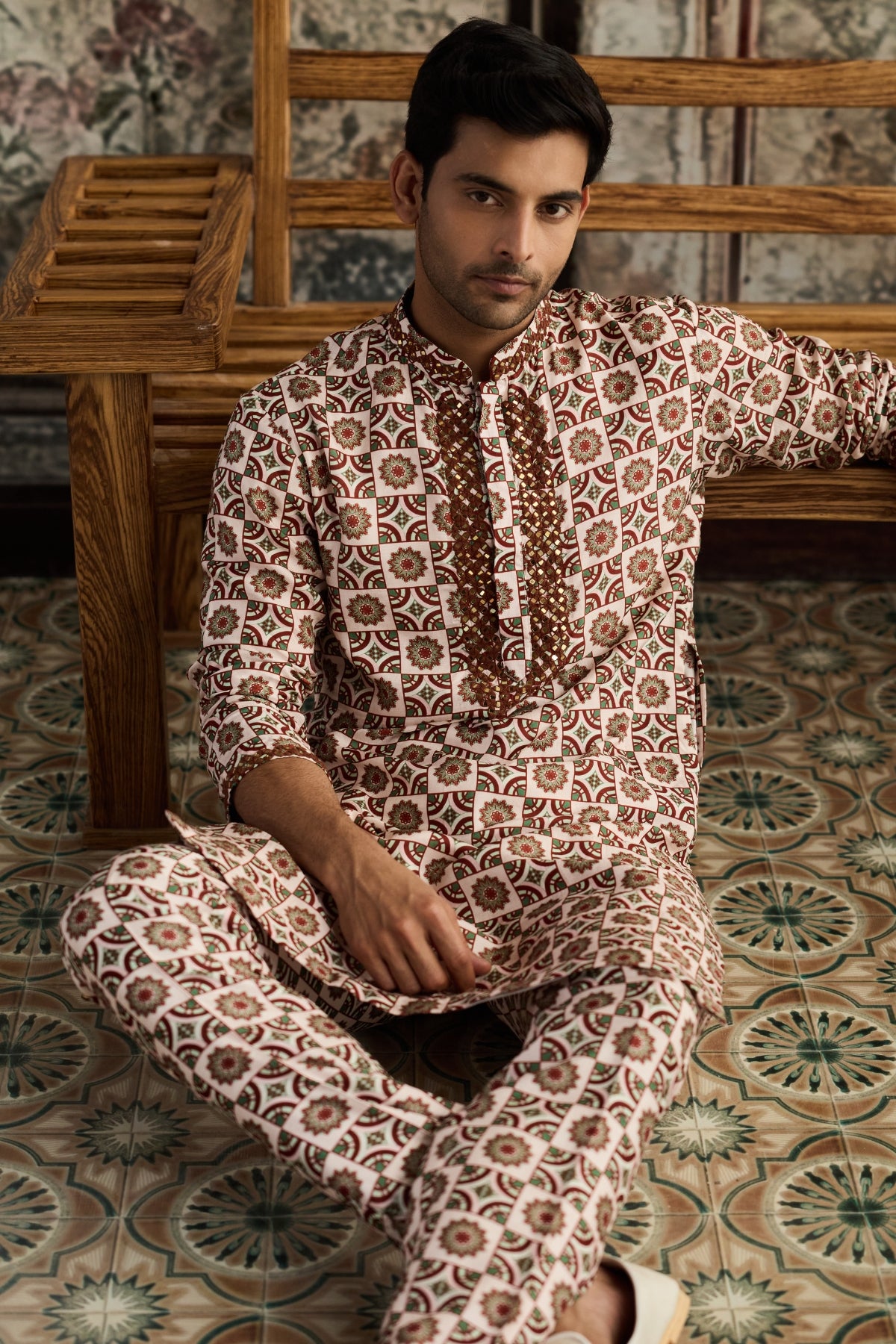CARAMEL & IVORY PRINT & HIGHLIGHTED KURTA  &PANTS