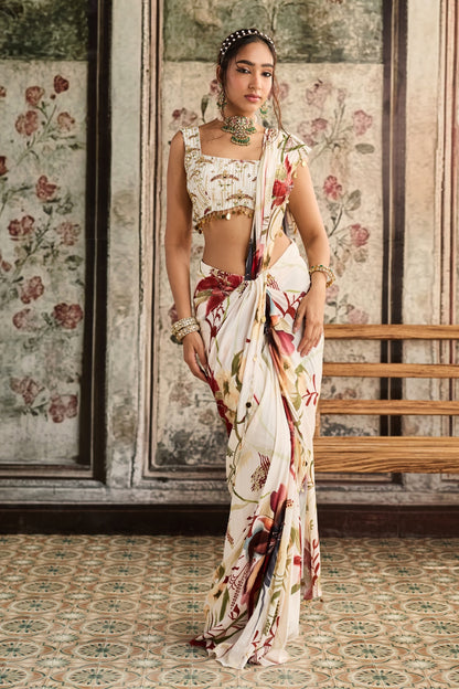 IVORY FLORAL PRINTED SKIRT SAREE SET