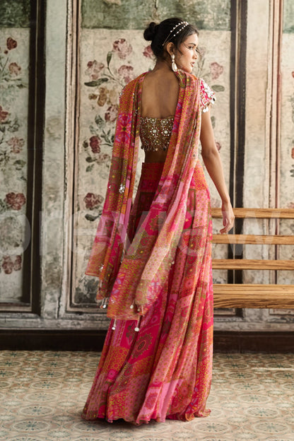 YELLOW-FUSCHIA  PRINT AND HIGHLIGHTED  SHARARA SET