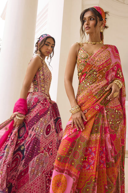 SAGE BUTTA PRINT AND HIGHLIGHTED ONE-SHOULDER BLOUSE WITH YELLOW-FUSCHIA PRE-DRAPED CLASSIC SAREE SET