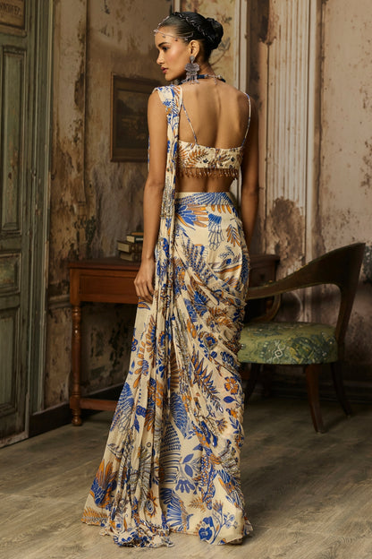 IVORY PRINTED AND HIGHLIGHTED SHARARA PANTS SAREE SET