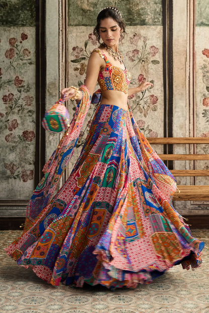 MULTI-COLOR  PRINT AND HIGHLIGHTED CRISS-CROSS BACK BLOUSE WITH GODET SKIRT SET