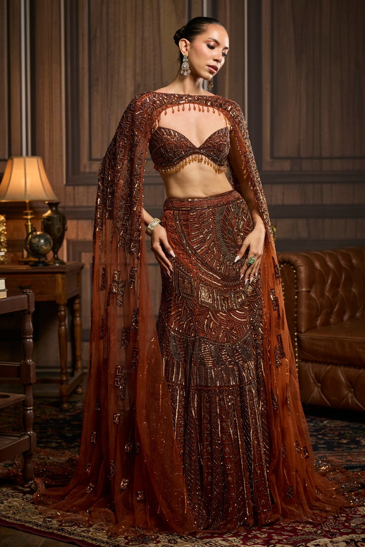 CARAMEL BROWN FULLY EMBROIDERED MERMAID TRAILSKIRT SAREE SET