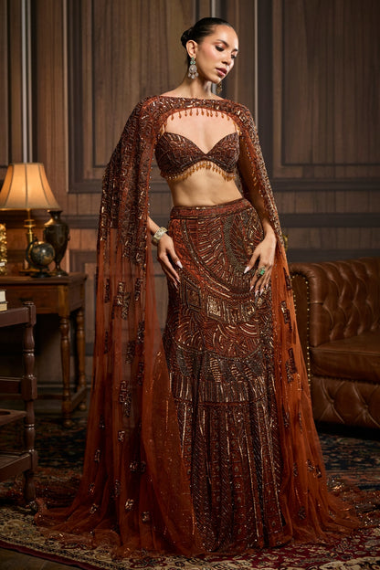 CARAMEL BROWN FULLY EMBROIDERED MERMAID TRAILSKIRT SAREE SET