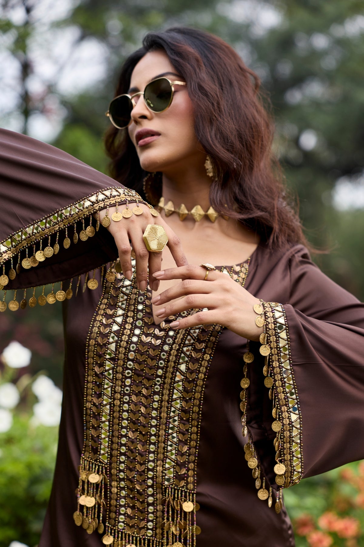 MOCHA BROWN EMBROIDERED SATIN KURTI SET
