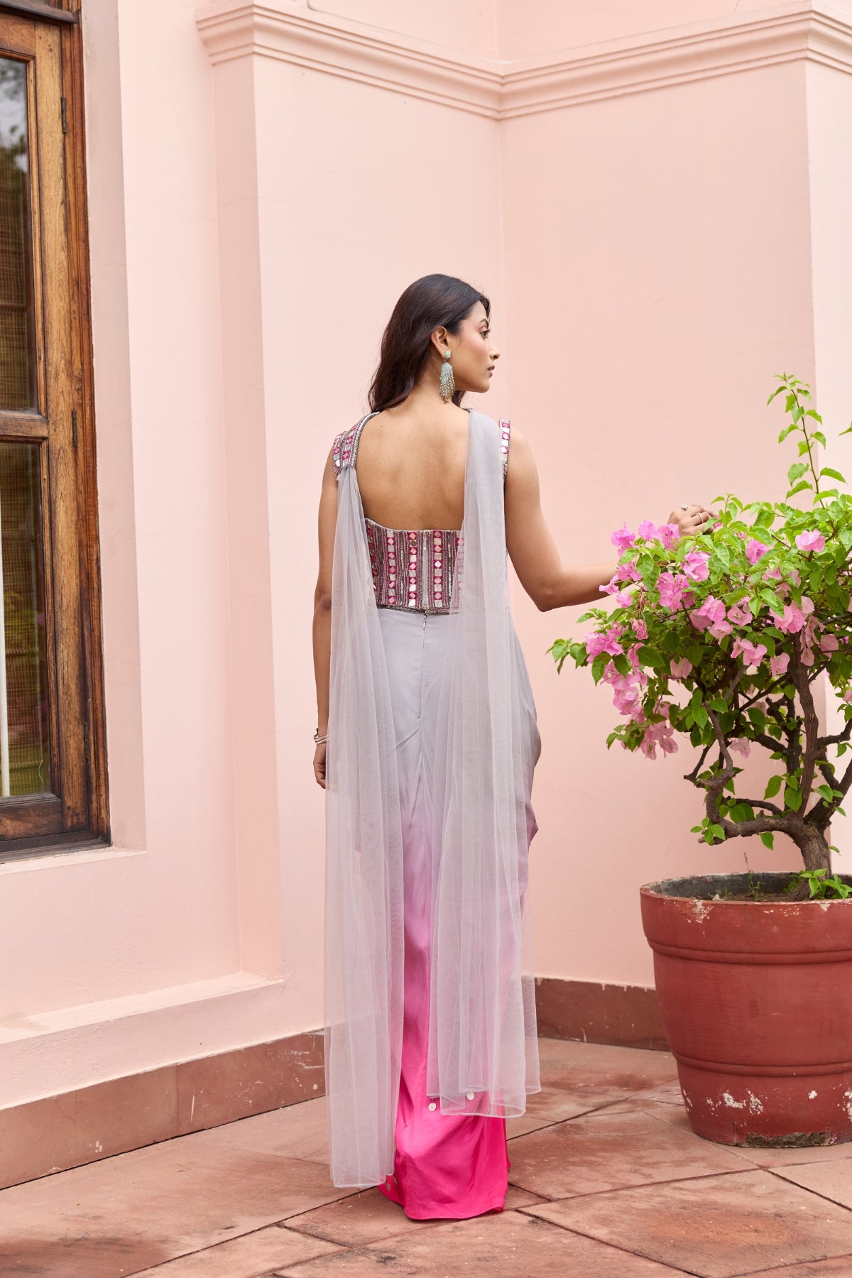 PINK-GREY OMBRE DHOTI SKIRT SET
