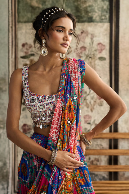 MULTI-COLOR  PRINT AND HIGHLIGHTED SQUARE NECK BLOUSE WITH TIERED SKIRT SAREE SET