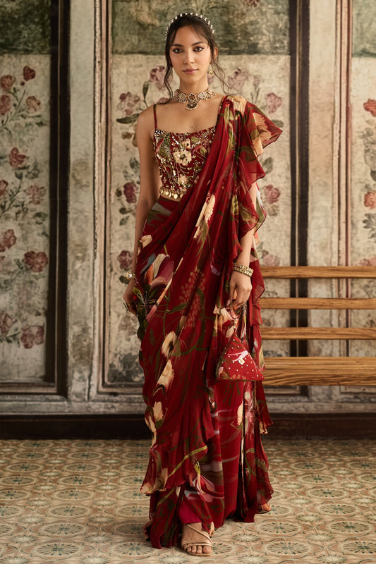 RED FLORAL PRINTED PLEATED SKIRT SAREE SET