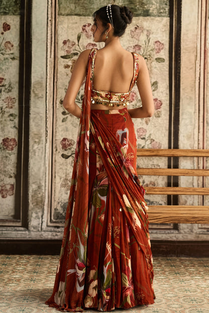 RUST FLORAL PRINT AND HIGHLIGHTED  MERMAID SAREE  SET
