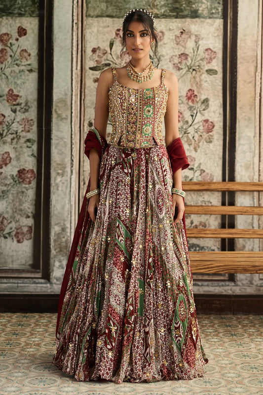 SAGE-MAROON PRINT AND HIGHLIGHTED CORSET BLOUSE LEHENGA SET