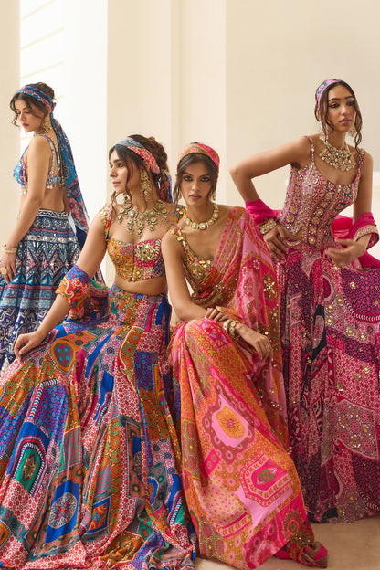 FUSCHIA PRINT AND HIGHLIGHTED CORSET BLOUSE LEHENGA SET