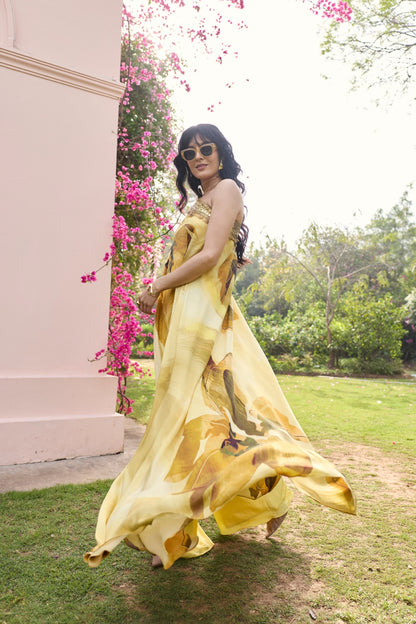 BUTTER YELLOW FLORAL, ONE SHOULDER KAFTAN SET
