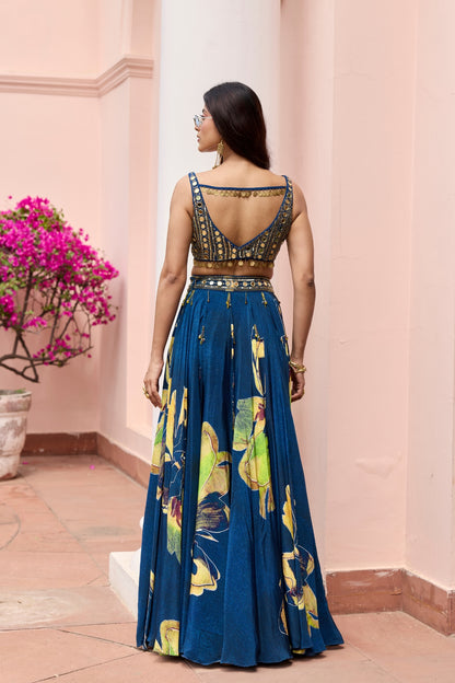 NAVYGOLD FLORAL PRINTED LEHENGA SET