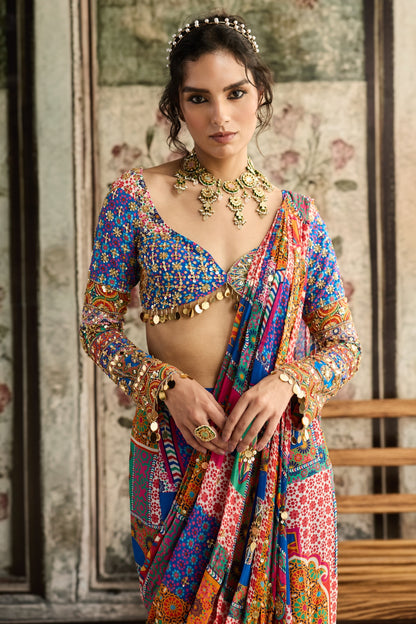 MULTI-COLOR  PRINT AND HIGHLIGHTED PLUNGE NECKLINE BLOUSE WITH SHARARA SAREE SET