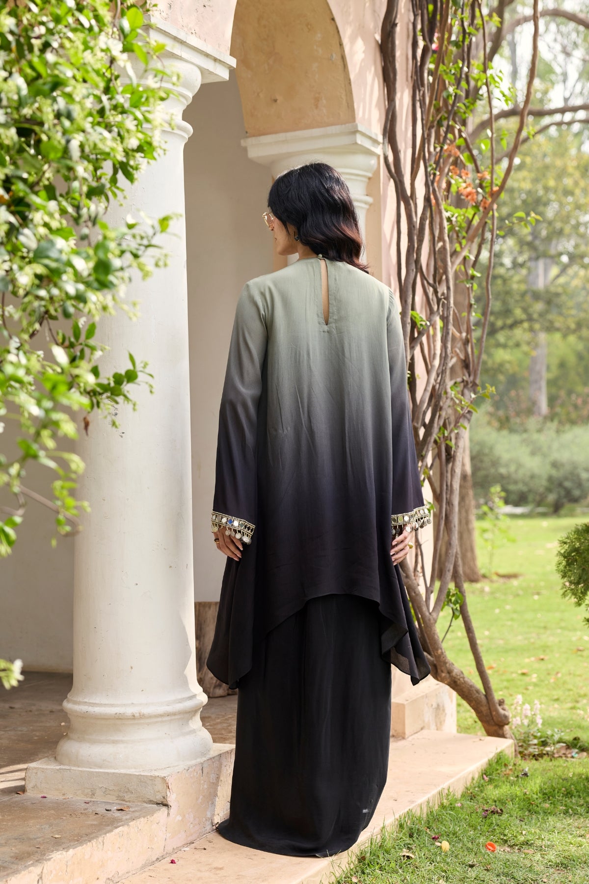 BLACK - GREY OMBRE EMBROIDERED KURTI SET