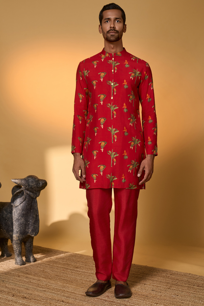 Red Tropical Kurta Set