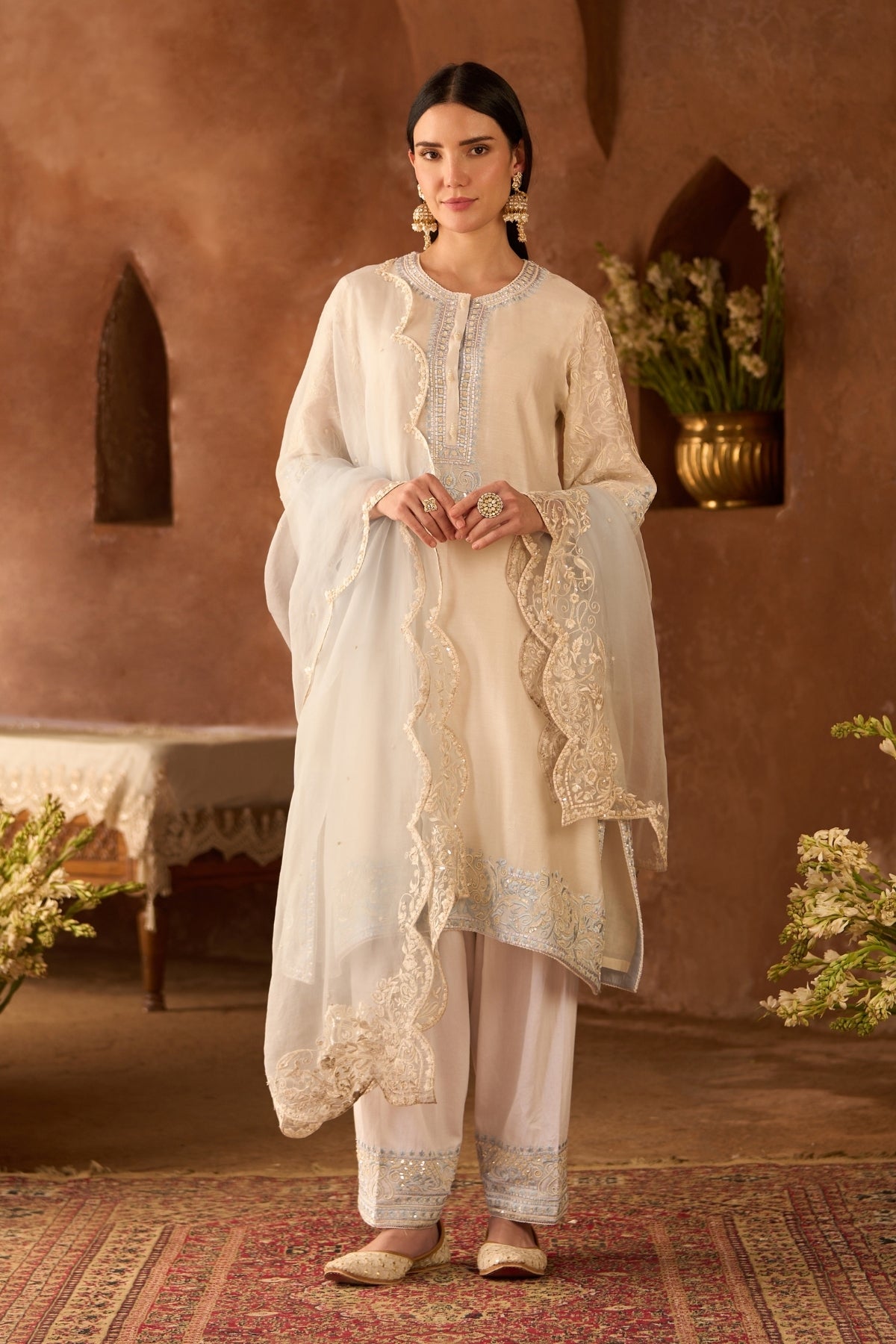 Anam - Daisy Ivory With Blue A-line Kurta With Salwar And Dupatta