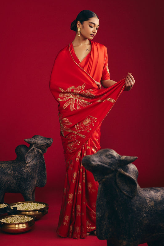 Red Tropical Nandi Saree