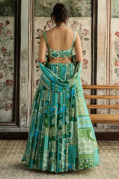 AQUA PRINT AND HIGHLIGHTED RUCHED BLOUSE LEHENGA SET