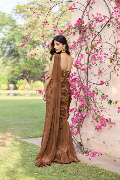 MOCHA BROWN TASSELED SLIT SAREE SET