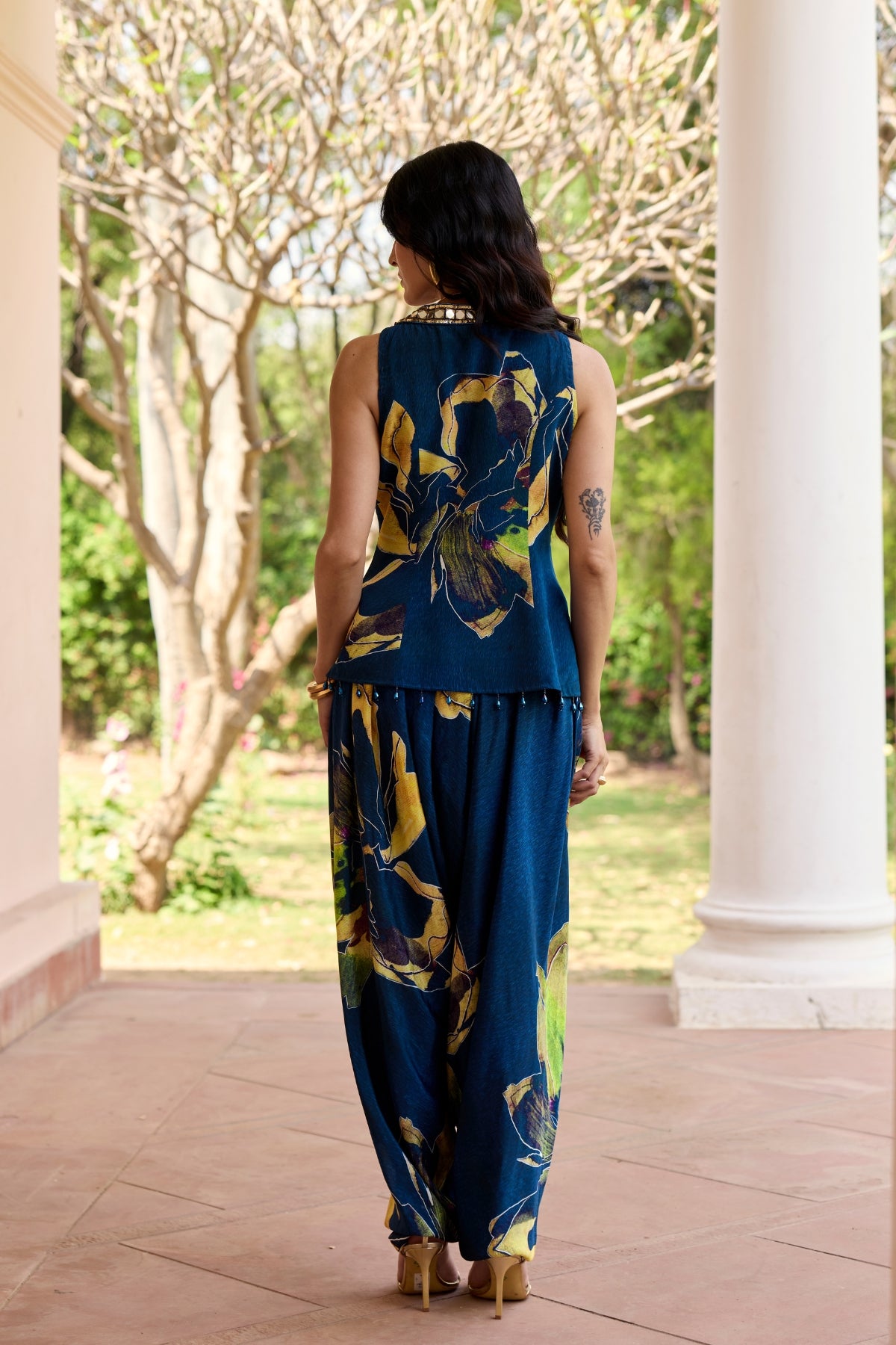 NAVYGOLD FLORAL PRINTED DHOTI SET