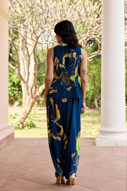 NAVYGOLD FLORAL PRINTED DHOTI SET