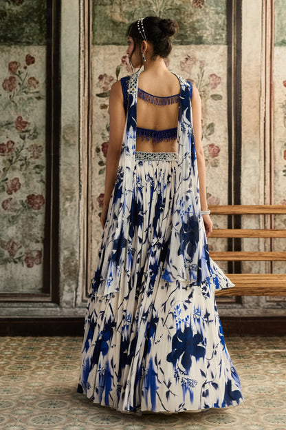 IVORY & BLUE FLORAL PRINTED LEHENGA SET
