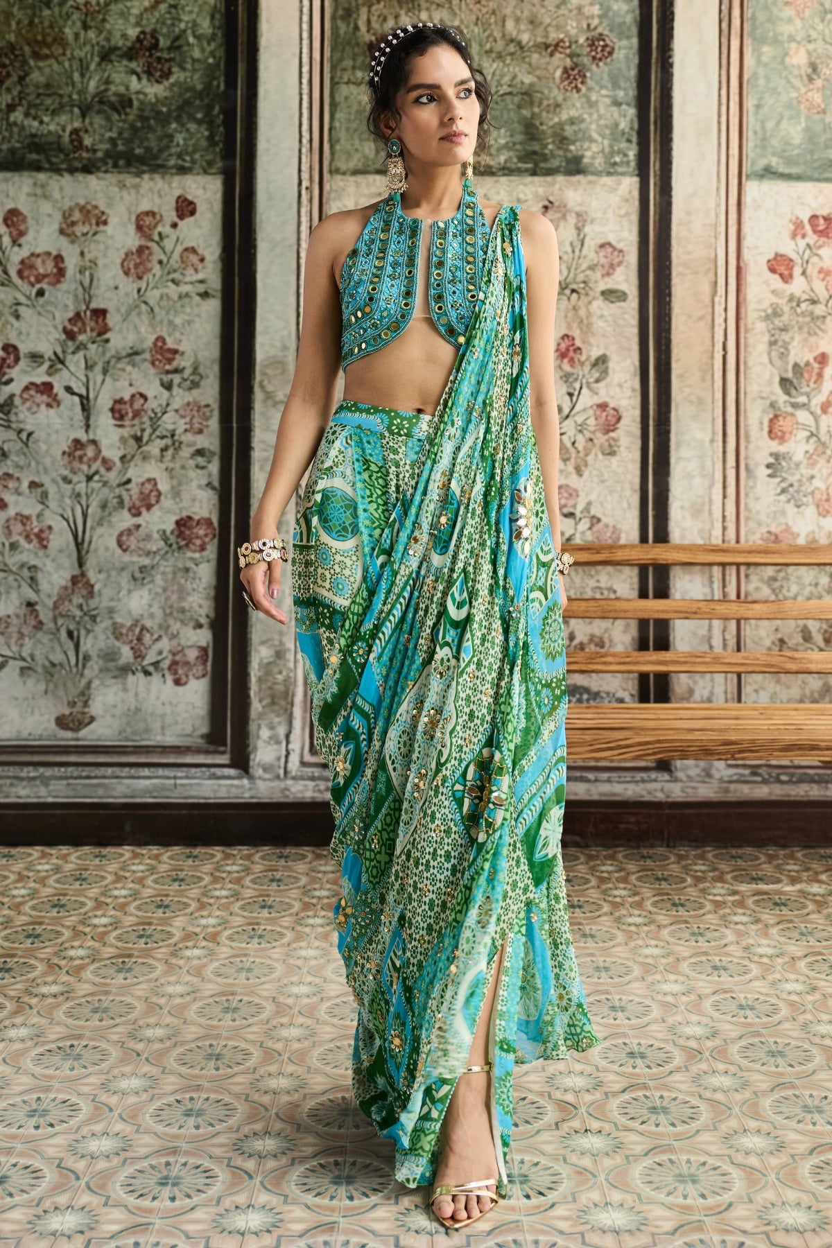 AQUA EMBROIDERED BLOUSE AND AQUA PRINT AND  HIGHLIGHTED DRAPE BOX PLEAT PANT SAREE