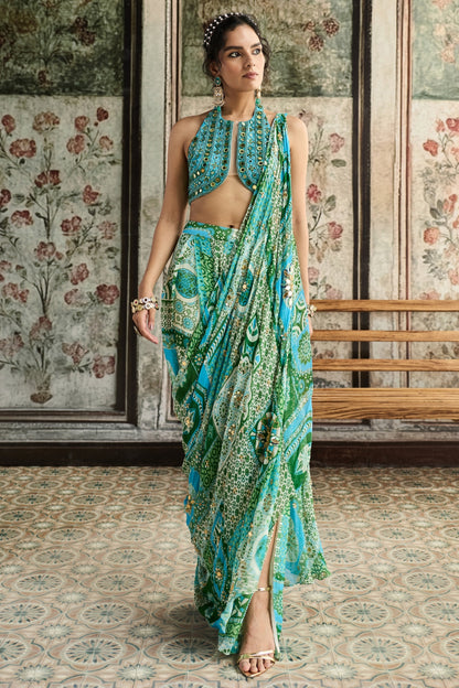 AQUA EMBROIDERED BLOUSE AND AQUA PRINT AND  HIGHLIGHTED DRAPE BOX PLEAT PANT SAREE