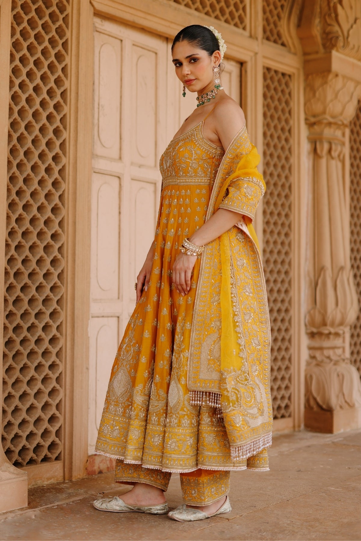 Afraa - Mustard Anarkali Set with Palazzo & Dupatta