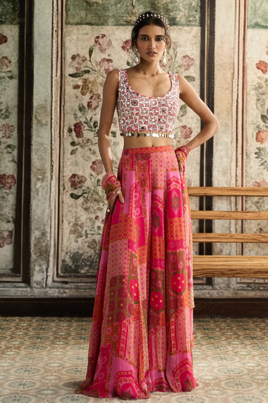 IVORY BUTTA PRINT AND HIGHLIGHTED SQUARE NECK BLOUSE WITH YELLOW-FUSCHIA PRINT SHARARA SET
