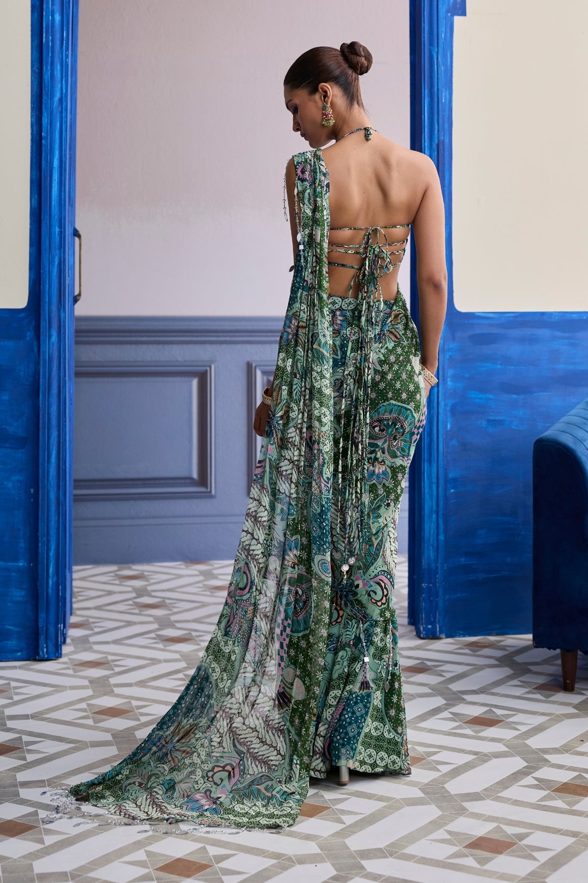 JEWELED GREEN FLORAL BLOUSE WITH SLIT SAREE & TASSEL DRAPE SET