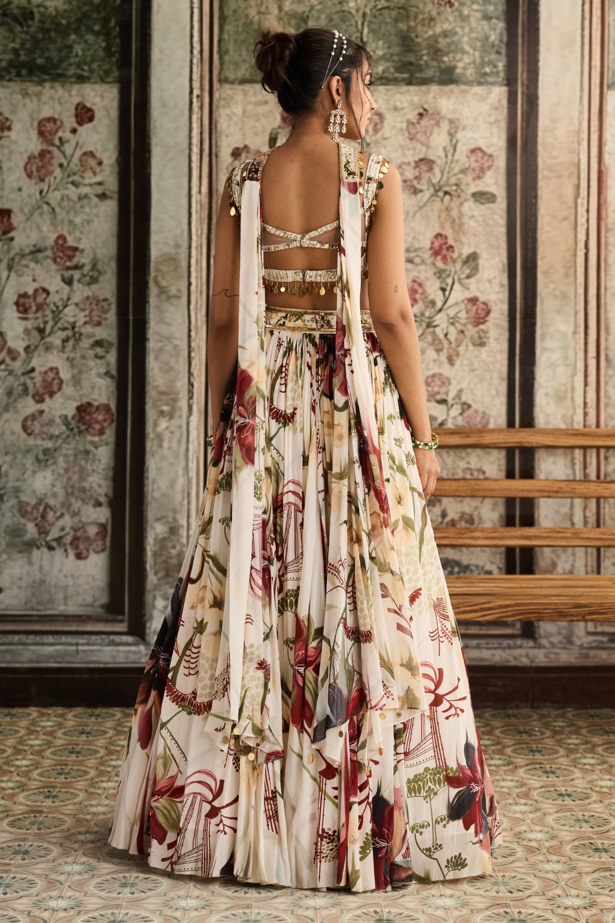 IVORY FLORAL PRINT AND HIGHLIGHTED LEHENGA SET