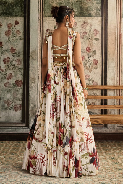 IVORY FLORAL PRINT AND HIGHLIGHTED LEHENGA SET