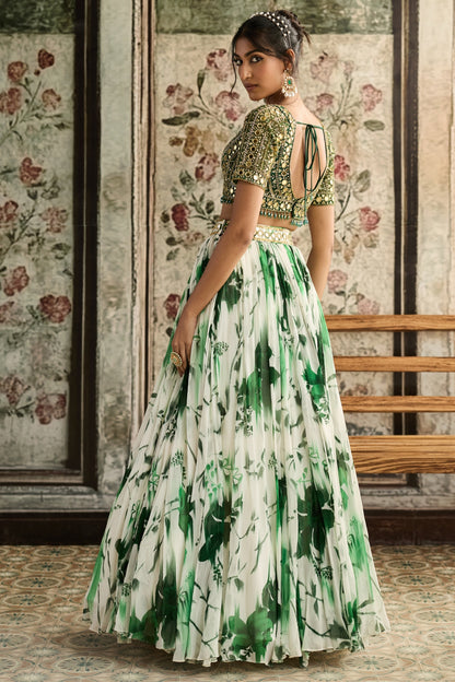 IVORY & GREEN FLORAL PRINTED LEHENGA SET