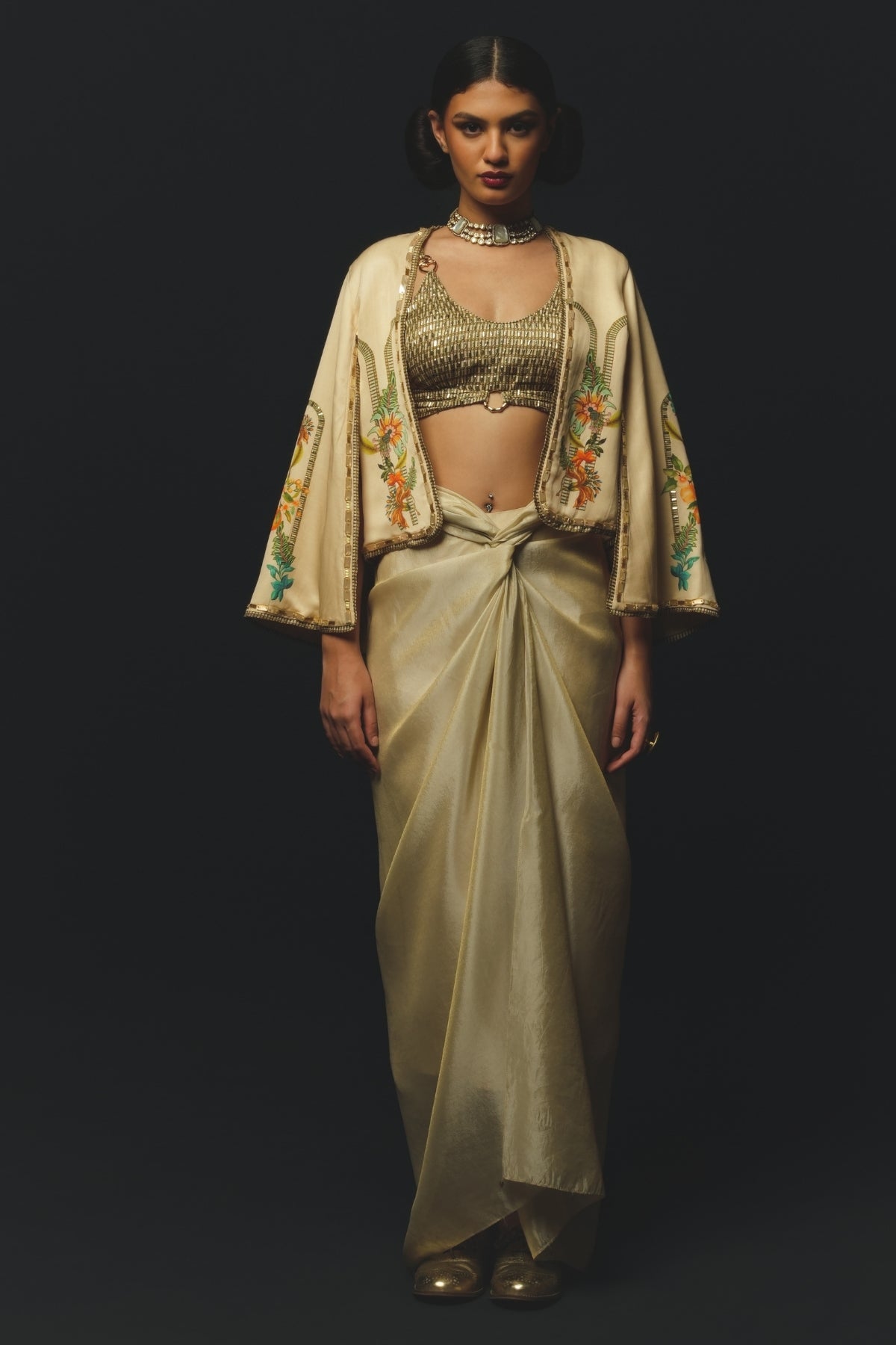 Beige Linen Satin Draped Skirt Set