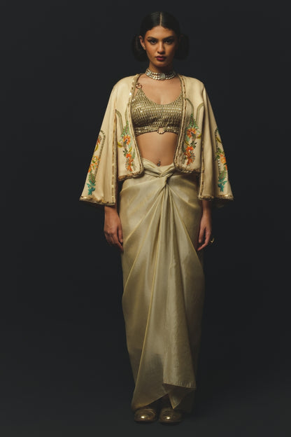 Beige Linen Satin Draped Skirt Set