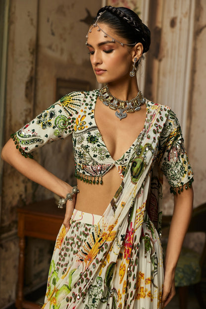 IVORY PRINT AND HIGHLIGHTED TIERED SKIRT SAREE SET