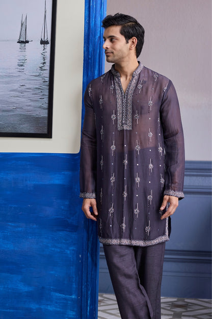 CHARCOL GREY SHEER EMBROIDERED KURTA WITH PANTS