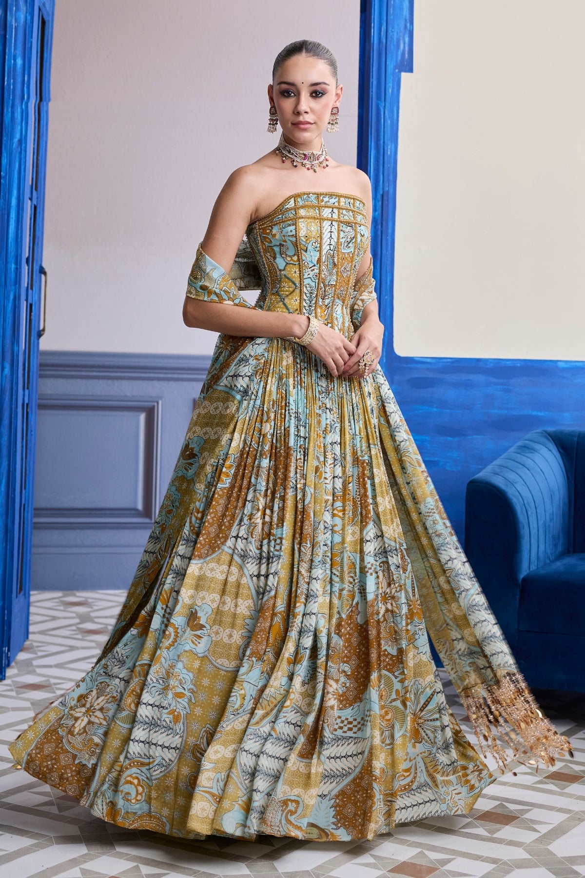 YELLOW FLORAL CORSET WITH TASSEL LEHENGA & PRINTED DUPATTA SET