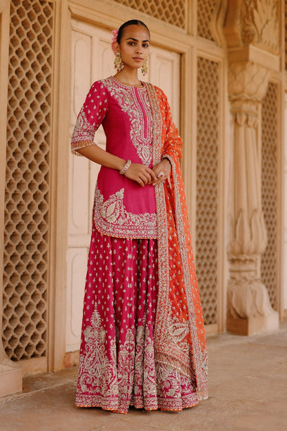 Maysam - Hot Pink Kurta Set with Sharara & Dupatta