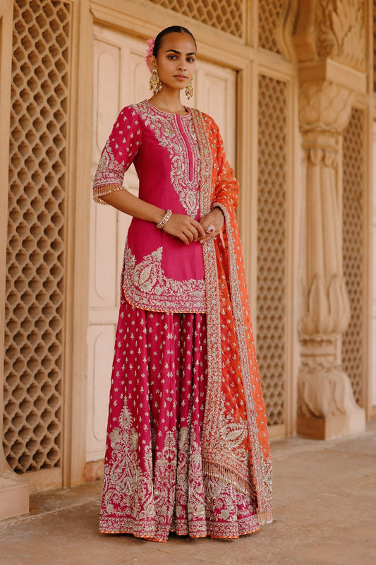 Maysam - Hot Pink Kurta Set with Sharara & Dupatta