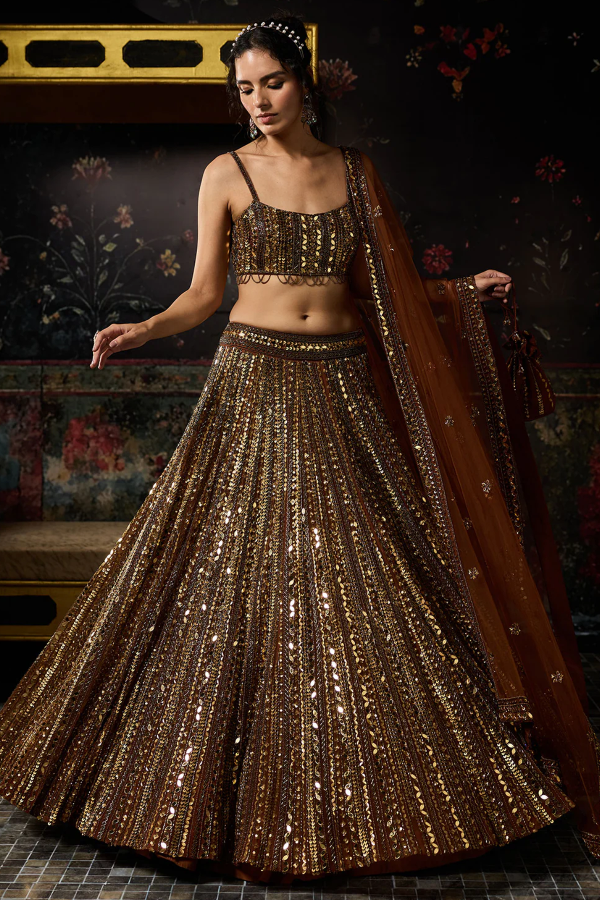 METALLIC GOLD EMBELLISHED MIRRORWORK LEHENGA SET