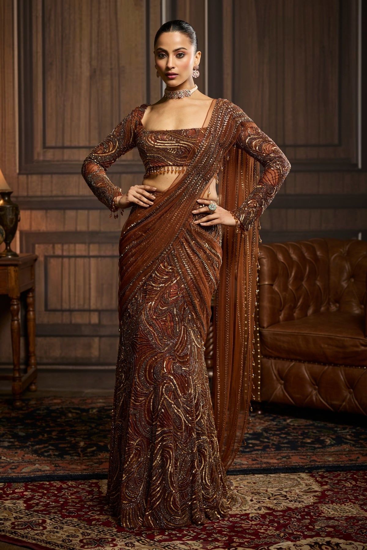 METALLIC GOLD EMBELLISHED SKIRT SAREE SET