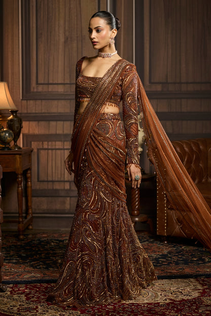 METALLIC GOLD EMBELLISHED SKIRT SAREE SET