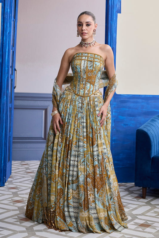 YELLOW FLORAL CORSET WITH TASSEL LEHENGA & PRINTED DUPATTA SET