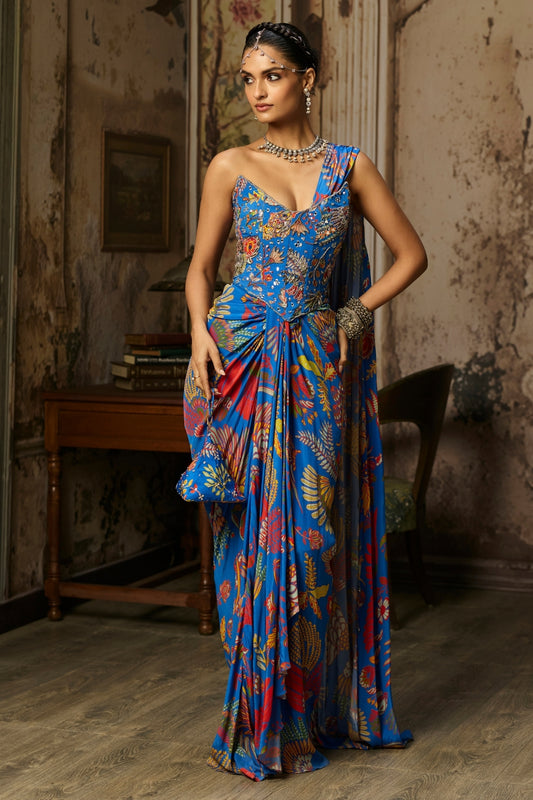 ELECTRIC BLUE PRINTED AND HIGHLIGHTED CORSET DHOTI SKIRT SAREE SET